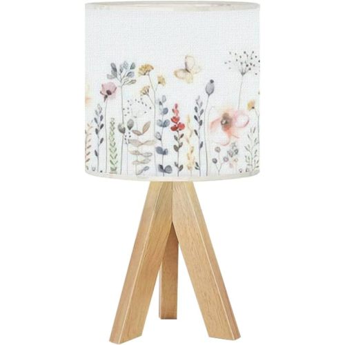 Tripod Table Lamp Watercolor Floral Seamless Colorful Wildflowers Leaves Plants Bedside Desk Lamp Wooden Nightstand Lamp with Linen Fabric Shade for Nursery Living Room Kids Room Bedroom