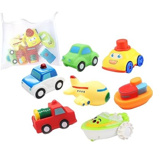 Toddler Bath Toys Bathtub Toy - Kids Floating Water Spray Toy Fun Bathtime with Boat, Plice Car,Fire Truck and Plane Plastic Toy for Baby Boys and Girls