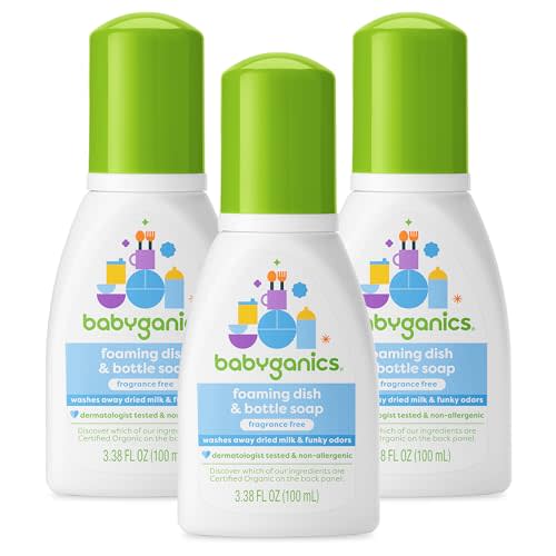 Babyganics Foaming Dish & Bottle Soap for Travel, Fragrance Free, Plant-Derived Cleaning Power, Removes Dried Milk, Packaging May Vary, 3.38 Fl Oz (Pack of 3)