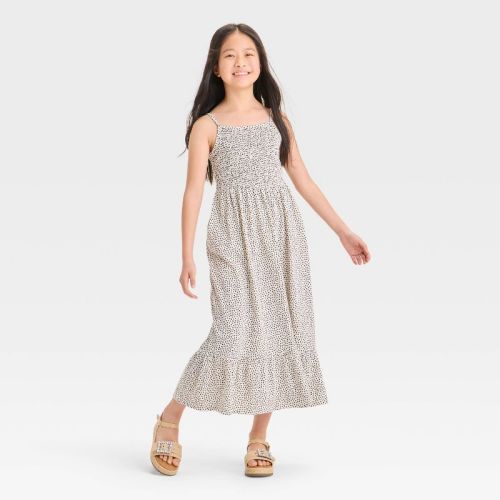 Girls' Dot Knit Maxi Dress - Cat & Jack™ Cream/black S: Cotton Blend, Polka Dot, Sleeveless, Adjustable Strap, Seam Pocket