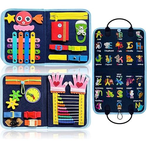 Gojmzo Busy Board Montessori Toys for Toddler Boys & Girls Gifts, Sensory Toys for Toddlers, Educational Travel Preschool Activities Learning Alphabet Count Fine Motor Skills