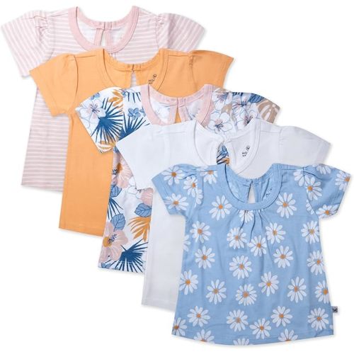 HonestBaby Baby-Girls 5-Pack Puff Sleeve T-Shirts 100% Organic Cotton Baby, Toddler, Little Kid, Girl