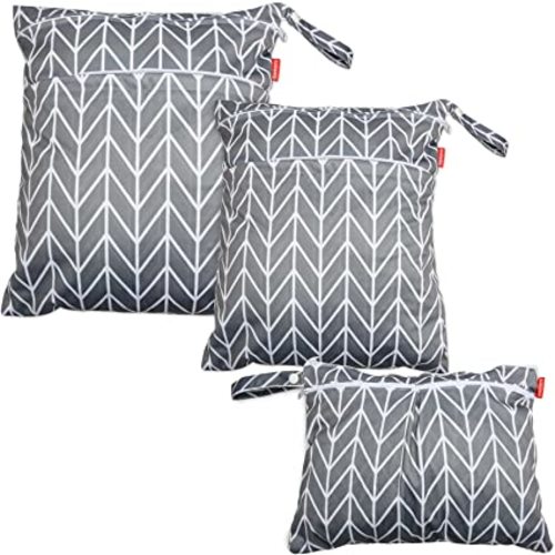 Damero 3pcs Travel Wet and Dry Bag with Handle for Cloth Diaper, Pumping Parts, Clothes, Swimsuit and More, Easy to Grab and Go, Gray Arrows - 3 Count (Pack of 1)