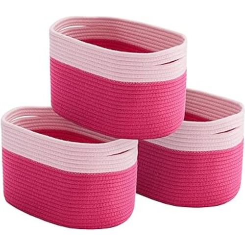 Pink Storage Bins Basket for Organizing, Girl Gift Basket Empty, 13"x9"x8.3", Cotton Rope Woven Baskets for Storage, Decorative Storage Baskets for Shelves-3Packs (Light Pink/Hot Pink)
