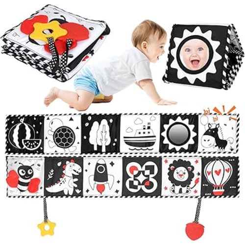 Newborn Toys, High Contrast Baby Books with Teether, Tummy Time Toys,Black and White Baby Toys, 0-6Months Auditory and Visual Stimulation Montessori Toy Gift