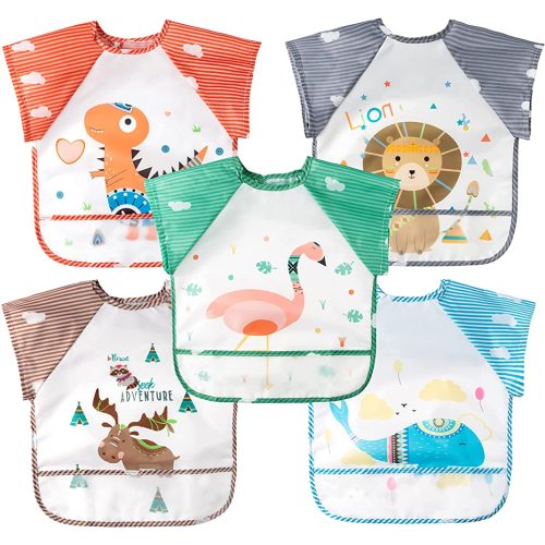 R HORSE 5Pcs Short Sleeved Bib for Baby Toddlers Waterproof Sleeved Infants Feeding Bib with Crumb Capacity Pocket Baby Shower Birthday Gifts for Boy Girl 0-36 Months
