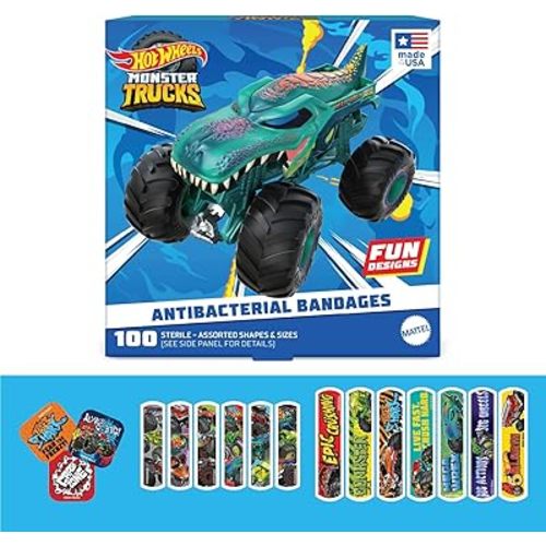 Hot Wheels Monster Trucks Antibacterial Kids Bandages, 3 Assorted Sizes 100 CT | Wear Like Stickers, Flexible Adhesive Bandages for Minor Cuts, Scrapes, and Burns. Great Gift idea for Kids