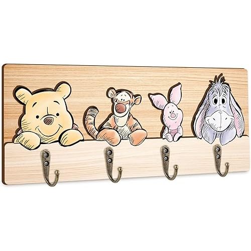 ZsaTuiy Winnie Nursery Bathroom Bedroom Wall Decor, Wooden Hanger Rail with 4 Pegs,The Pooh Tigger Eeyore Wall Hooks, Winnie Nursery Hook Cute Towel Hanger, The Pooh Home Decoration for Kids Room