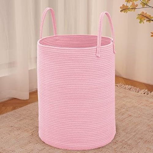 Large Woven Laundry Basket Hamper,60L Cotton Rope Storage Bin for Blankets,Toys and Clothes,Decorative Tall Nursery Hamper for Living Room,Baby Nursery,Bathroom and Bedroom,Pink