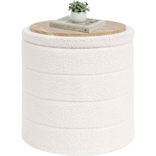 PINPLUS Round Storage Ottoman Foot Rest Stool with Tray Velvet Sherpa Folding Storage Ottoman,Boucle Foot Rest for Living Room, Bedroom, Dorm,White Color