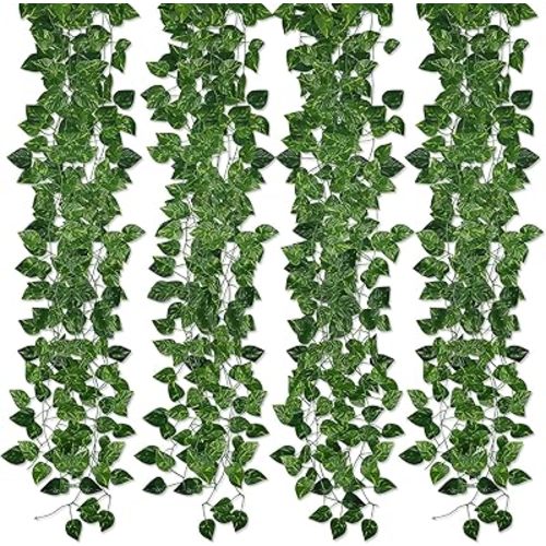 Kalolary 258 Ft 36 Strands Artificial Ivy Garland Leaves Vines Plants Greenery Fake Plants Hanging for Wedding Canvas Background Arch Wall Jungle Table Party Office Decoration (Scindapsus)