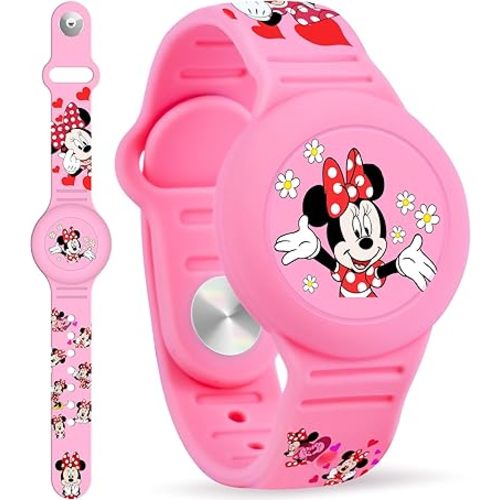 Waterproof Airtag Bracelet for Kids, Cute Cartoon Silicone Air Tag Holder Hidden Design, Light Weight Compatible with Apple AirTag Wristband for Child, Pink