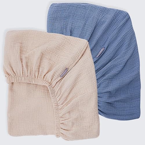 Muslin Crib Sheets for Boys Girls Rutiwa Organic Cotton Crib Sheets Neutral 2 Pack Soft Breathable Baby Mattress Sheets Fit Standard Crib & Toddler Bed Mattress 28"x52"(Denim Blue/New Camel)