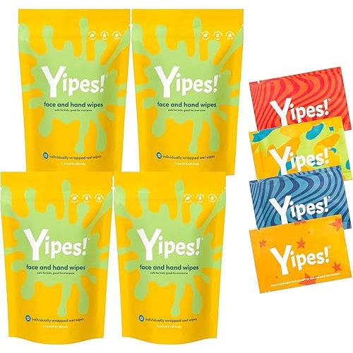 Yipes! Kids Face and Hand Wipes | Compostable Wet Wipes for Sensitive Skin | Individually Wrapped | Classroom Must Haves | Travel Essentials | For Backpacks, Lunchboxes, Classroom Supplies | 4 pack
