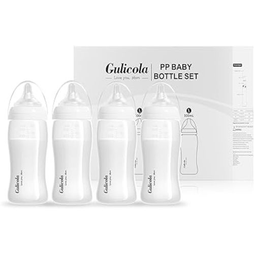 PP Baby Bottles for Breastfed Babies, Fast Flow Nipples (L), 6 Months Plus, Wide Neck, BPA Free, 10 oz & 4 Pack - White