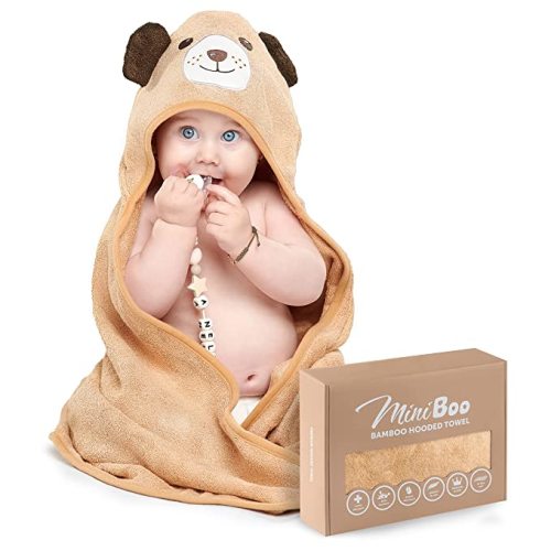 MINIBOO Premium Baby Hooded Towel with Unique Dog Design - Extra Soft and Absorbent Rayon from Bamboo Baby Towels for Newborn, Infant, and Toddler - Perfect as Baby Gifts