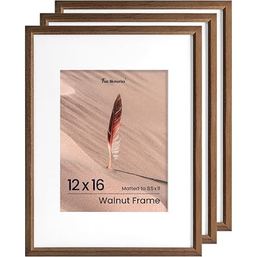 Fun Memories 12x16 Picture Frame, Solid Oak Wood Picture Frames, Modern Photo Frame for Wall 12x16 with 8.5x11 Mat, High Definition Plexiglass & Wall Hook Included (Walnut, 3 Pack)