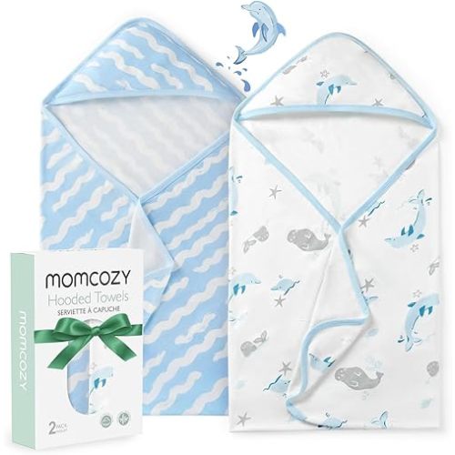 Momcozy Baby Towel with Hooded-Original Design Baby Towel Set -Soft & Absorbent- Shower Gifts or Bath Essential for Infant, Newborn, Toddler, Marine Sea Whale Seal Waves Magic