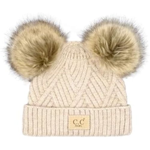C.C Kids' Babies' Soft Stretch Cable Knit Faux Fur Pom Pom Beanie Hat