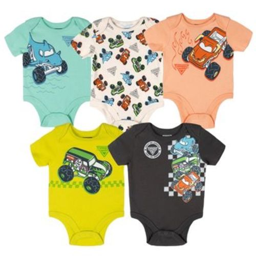 Monster Jam Grave Digger El Toro Loco Megalodon Infant Baby Boys 5 Pack Bodysuits Cream / Peach / Neon Yellow / Turquoise / Charcoal 24 Months