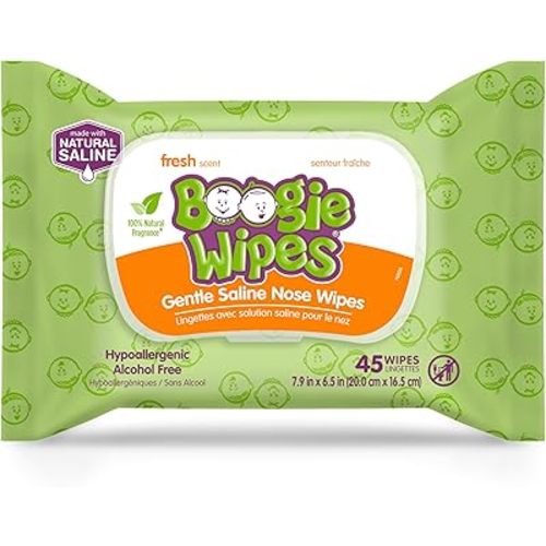 Saline Nose Wipes by Boogie, for Baby & Kids, Face, Hand & Body, FSA/HSA Eligible, Made with Vitamin E, Aloe, and Natural Saline, Fresh Scent, 45 Count (Pack of 1)
