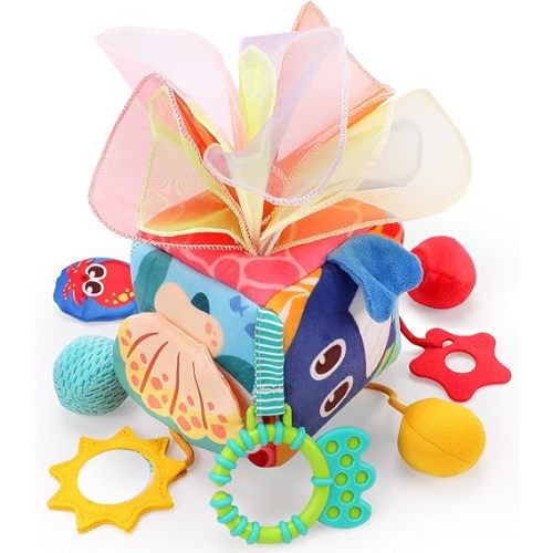 Qizebaby Baby Tissue Box Toy，Montessori Toys 0-3-6-12 Months， Toddler Mirror Plush Rattles Rings for Babies，Infant Boy Girl Gifts for 1 Year Old Boy Girls