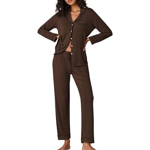 Ekouaer Pajamas Women's Long Sleeve Sleepwear Soft Button Down Loungewear Pjs Lounge Set Nightwear XS-XXL