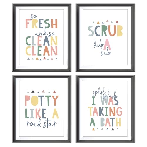So Fresh and Clean Colorful Bathroom Art Poster Prints for Home Kid Washroom Restroom Nursery Toilet Laundry Decor,Funny Bathroom Rules Word Art Decorations Prints Wall Art Unframed 4pcs 8x10inches