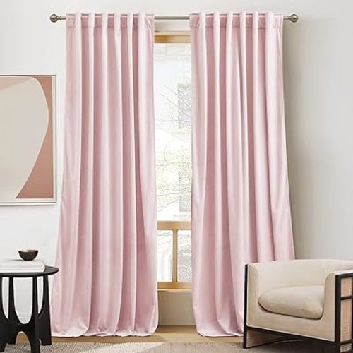 RYB Home Pink Velvet Curtains 108 inches- Blackout Curtains for Living Room, Thermal Insulated Noise Reducing Panels Soft Luxury Window Decor for Bedroom, Blush Pink, W52 x L108 inches, 2 Panels
