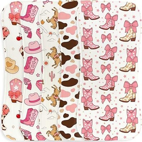 5 Pack Baby Burp Cloths, Soft Cotton Pink Cowgirl & Western Theme Burp Cloths, Super Absorbent Cute Cowboy Boot & Heart Print Washcloths, Newborn Baby Girl Essentials Gift Set