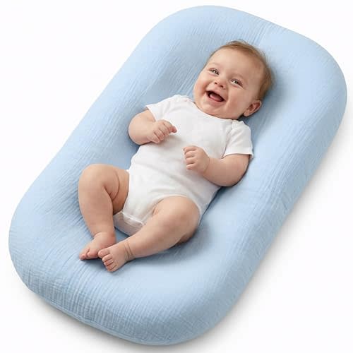 Infant Support Mat, Muslin Cotton Cover, Supportive Tummy Time Mat for Supervised Awake Use, Lightweight Portable Baby Activity Mat (0-24 Months), Blue