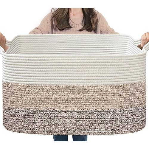Goodpick Large Woven Storage Basket, 21.6" x 14.9" x 11.8" Rectangle Rope Baskets for Toy Storage, Blanket Basket for Living Room, Bedroom, Light Brown