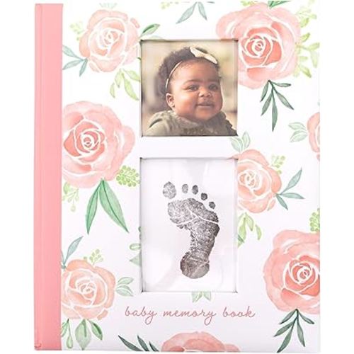 Floral Baby Memory Book, First 5 Years Baby Milestone Book, Pregnancy Journal, Gender Neutral Newborn Keepsake, Ink Pad For Baby's Handprint or Footprint, Pink Rose