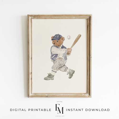 Baseball Art Print Boy Room Wall Art Vintage Sport Nursery Art Print Teddy Bear Baseball Vintage Boys Sports Room Bear Nursery Picture Boys