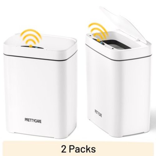 PrettyCare 2 Packs 3.6 Gal Automatic Bathroom Trash Cans With Lid Touchless Small Bedroom Plastic Garbage Can White GC01