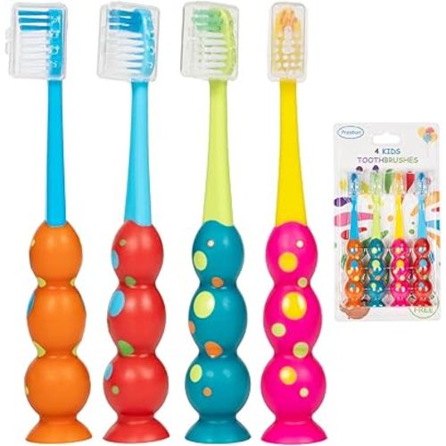 Kids Toothbrush - Soft Bristles with Suction Cup for Easy Storage, Toddler Toothbrush Age 2-4 and Older, Pack of 4