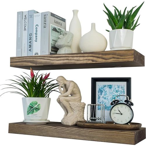 Rustic Floating Shelves 24 inch Long 8 inch deep Set of 2, Solid Wood Wall Shelves for Bathroom Living Room Kitchen,Book Shelf for Wall, Wall Mounted Shelves with Hidden Bracket- Walnut