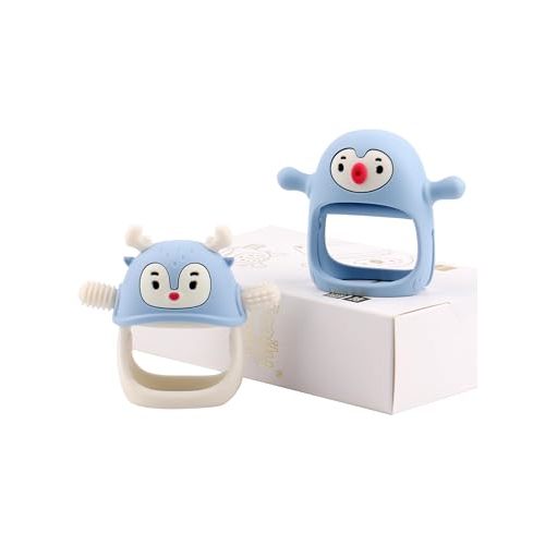 Smily Mia 2 Packs Baby Teething Toy for 0-6 6-12 Months, Food Grade Silicone Teething Mitten, Anti Dropping Wrist Hand Teethers Baby Chew Toys for Sucking&Chewing, BPA Free, Light Blue