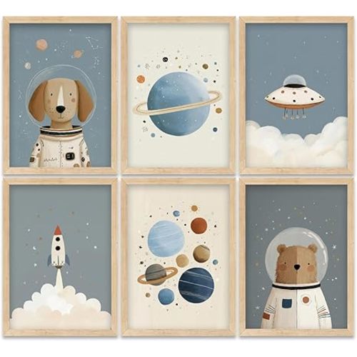 Puncland Cute Space Nursery Wall Art Funny Planet Rocketship and Astronaut Poster Cute Animals Decor Pictures Whimsical Adventure Nursery Painting Print Artwork for Nursery and Kids Bedroom Unframed