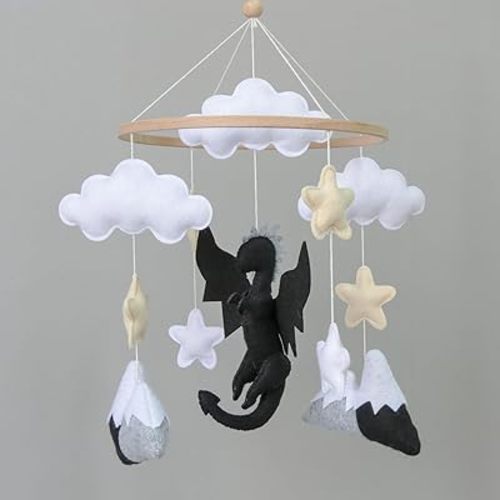 Dragon Crib Mobile for Boys, Felt Baby Mobile for Crib, Grey and Black Nursery Decor, Cloud and Star Mobile Hanging, Unisex Infant Soothe Toy Gift