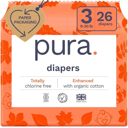 Pura Size 3 Eco-Friendly Diapers (9-20 lbs) Totally Chlorine Free (TCF) Hypoallergenic, Soft Organic Cotton, Sustainable, up to 12 Hours Leak Protection, Allergy UK, 1 Pack of 26 Diapers