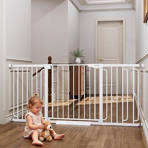Cumbor Extra Wide Baby Gate, 36.6-69" Walk-Through Dog Gate for Stairs, Doorways & Hallways, 30.5“ Tall, Auto-Close & Dual-Swing Safety Child Gate Indoor, Easy Install Pressure-Mounted Pet Gate, White