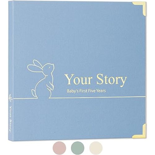 Keepsake Baby Memory Book Boy and Girl - Gender Neutral Baby Journal For First 5 Years, Timeless Baby Scrapbook Journal Milestones Baby Photo Album, Gender Reveal Gifts New Parents - Sky Blue