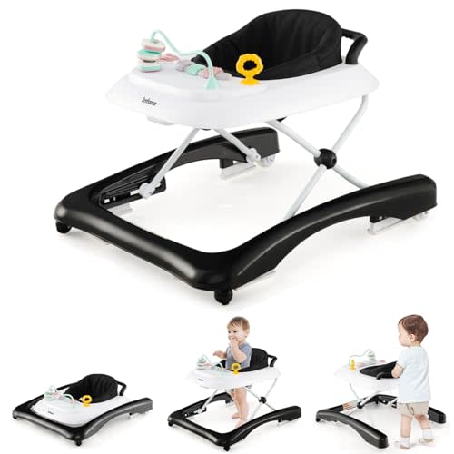 INFANS Foldable Baby Walker, 3 in 1 Toddler Leaning-Seated Walk-Behind with Adjustable Height, Push Handle, Washable Seat Cushion for Boys and Girls (Black)