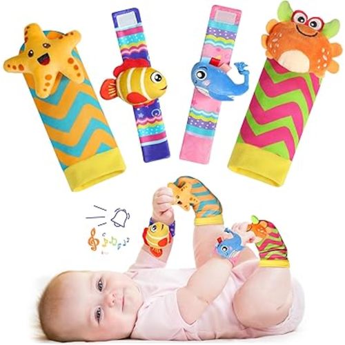 URMYWO Wrist Rattles for Baby - Rattle Socks - Foot Finder Set - Baby Toys for 0-12 Months Infant - Newborn Essentials - Early Learning Sensery Toys for Boys and Girls as Shower Gifts Valentines Gifts