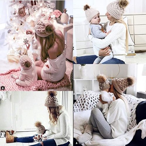 DANMY Baby Beanie Hat, Infant Newborn Toddler Winter Warm Knit Cap for Little Boys Girls, Winter Warm Hat - 6-36 Months - White/Beige/Pink-3pcs