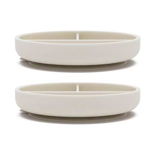 Lalo Suction Plates - 2 Pack, 100% Silicone Non-Toxic BPA-Free Baby Plates with Suction Base To Prevent Accidental Tip-Overs - Suction Plates for Toddlers With Three Divided Sections - Oatmeal