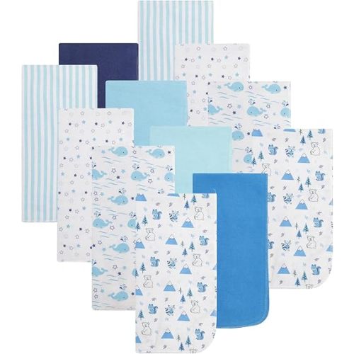 EVERYDAY KIDS 12 Pack Burp Cloths for Baby Boy; Newborn Essential with - Large Absorbent Cotton Flannel Blue Burping Cloths for Babies with Woodlands, Celestial and Whales Prints and Solids