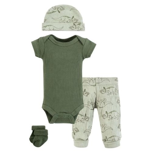 Hudson Baby Boys Thermal Preemie Layette Set 4pc Short Sleeve Outfit, Sage Dinosaur, Preemie