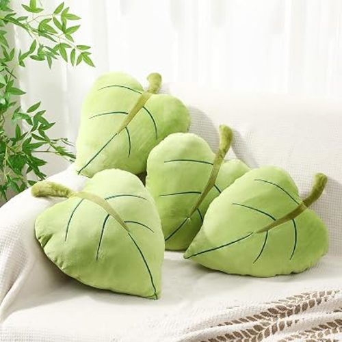 4 Pack 3D Leaf Pillows 19.7" Plush Stuffed Plant Shaped Green Throw Pillow Decorative Cushion Birthday for Plant Lovers Bedroom Sofa Living Room Office Decor
